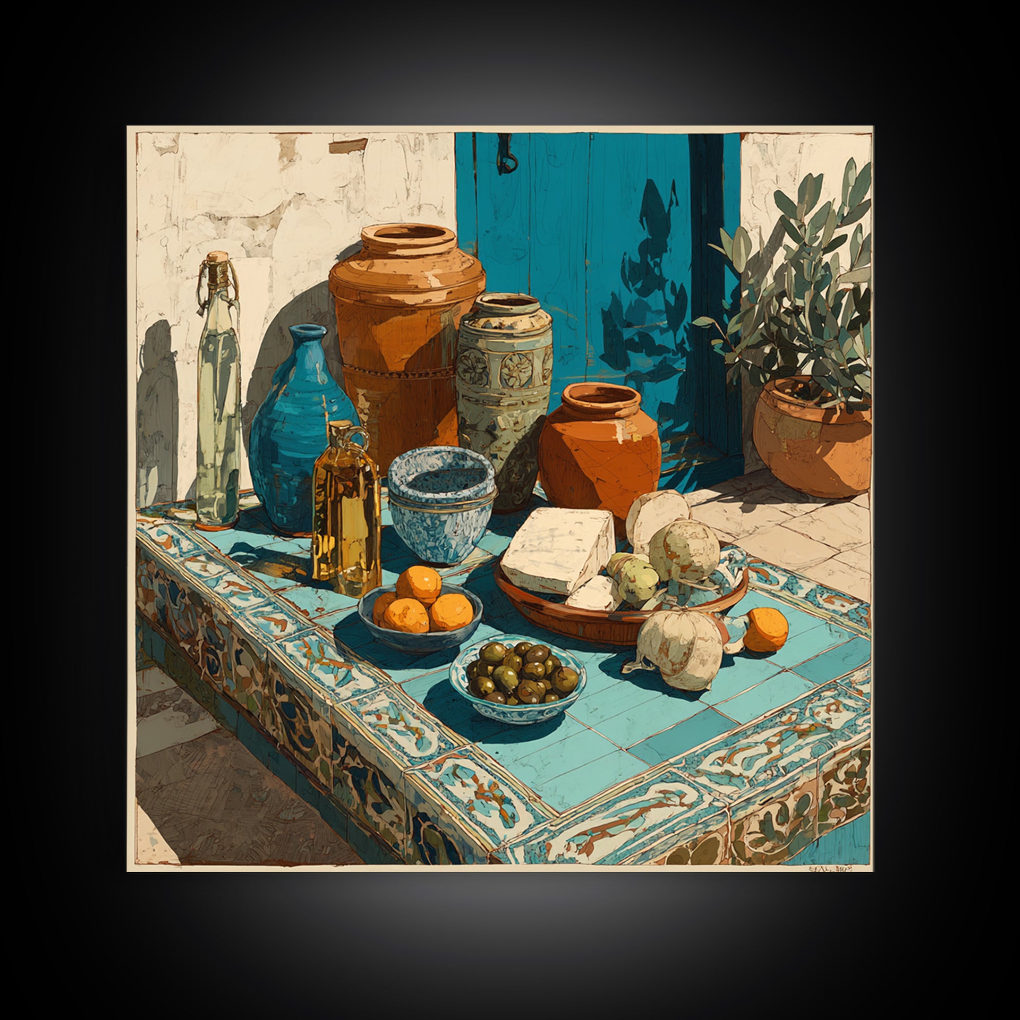 Figs Olives and Cheese Still Life Framed Canvas Print, Mediterranean Art, Gallery Decor, Living Room Decor, Fine Art, Azure, MAR-1x1-32