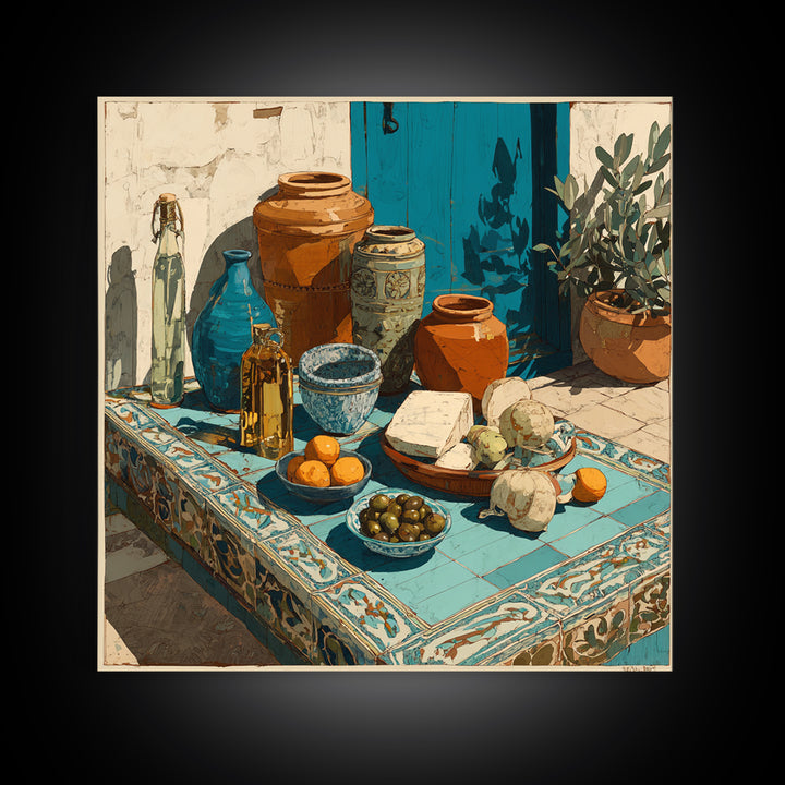 Figs Olives and Cheese Still Life Framed Canvas Print, Mediterranean Art, Gallery Decor, Living Room Decor, Fine Art, Azure, MAR-1x1-32