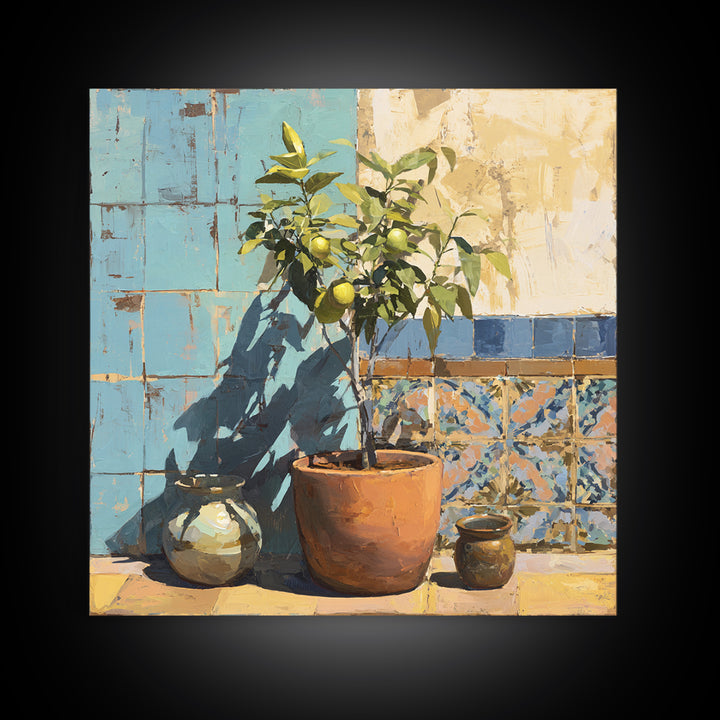 Citrus Tree in Clay Pot Framed Canvas Print, Mediterranean Art, Landscape Painting, Living Room Decor, Watercolor Art, Azure, MAR-1x1-34
