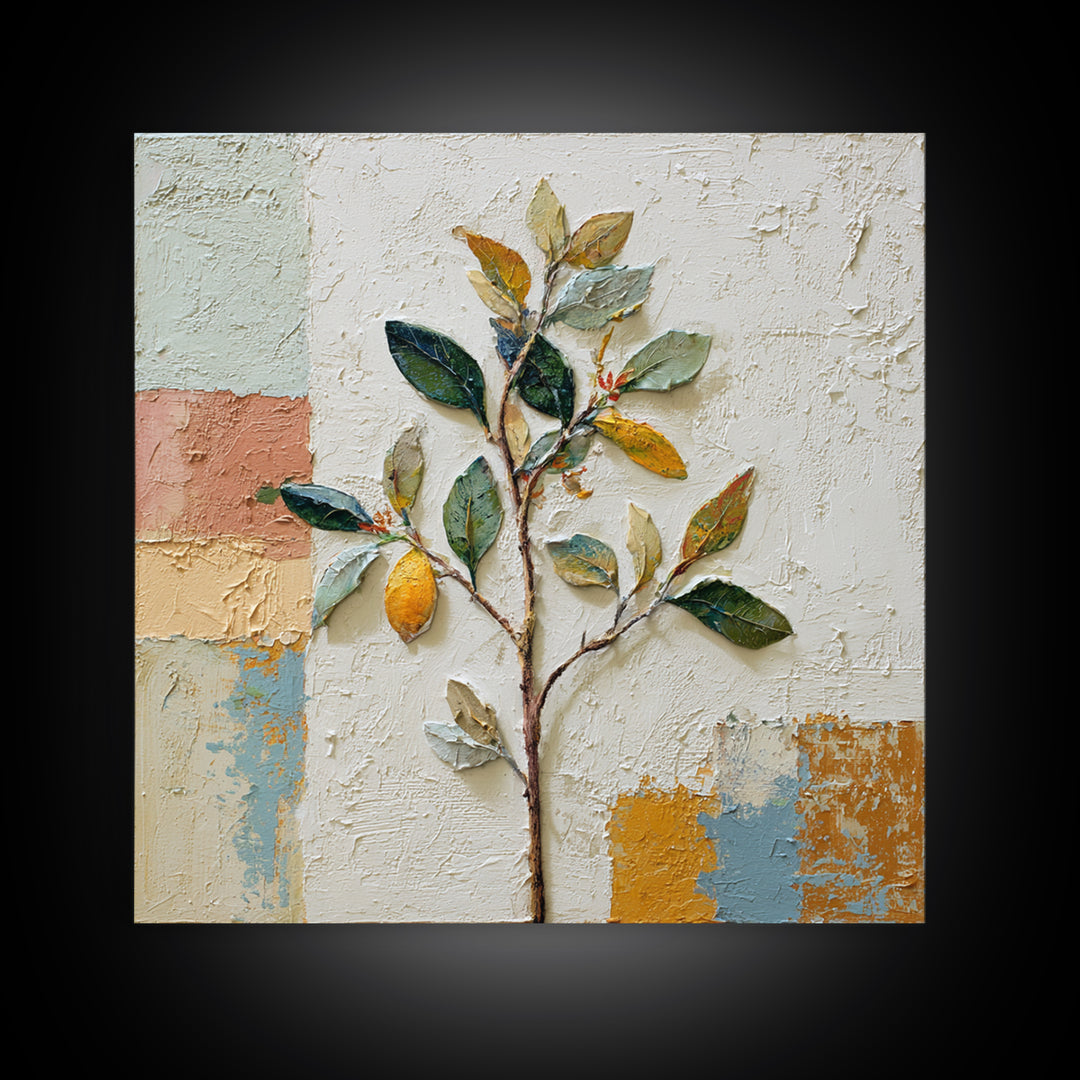 Sicilian Lemon Branch on Ivory Background Framed Canvas Print, Mediterranean Art, Gallery Wall Art, Living Room Decor, Azure, MAR-1x1-37