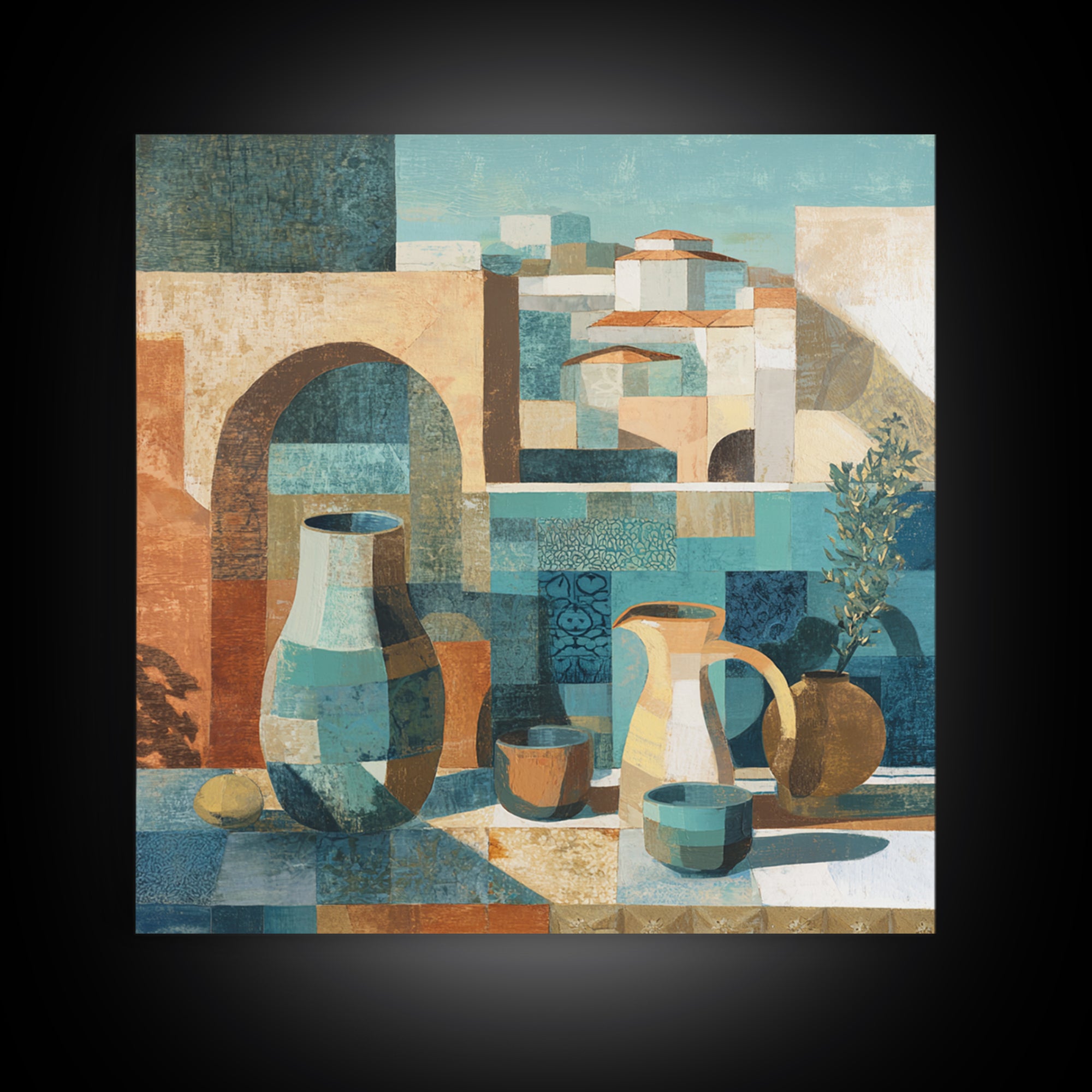 Warm Terra Cotta Abstract Landscape Framed Canvas Print, Mediterranean Art, Coastal Art, Living Room Decor, Fine Art, Azure, MAR-1x1-38