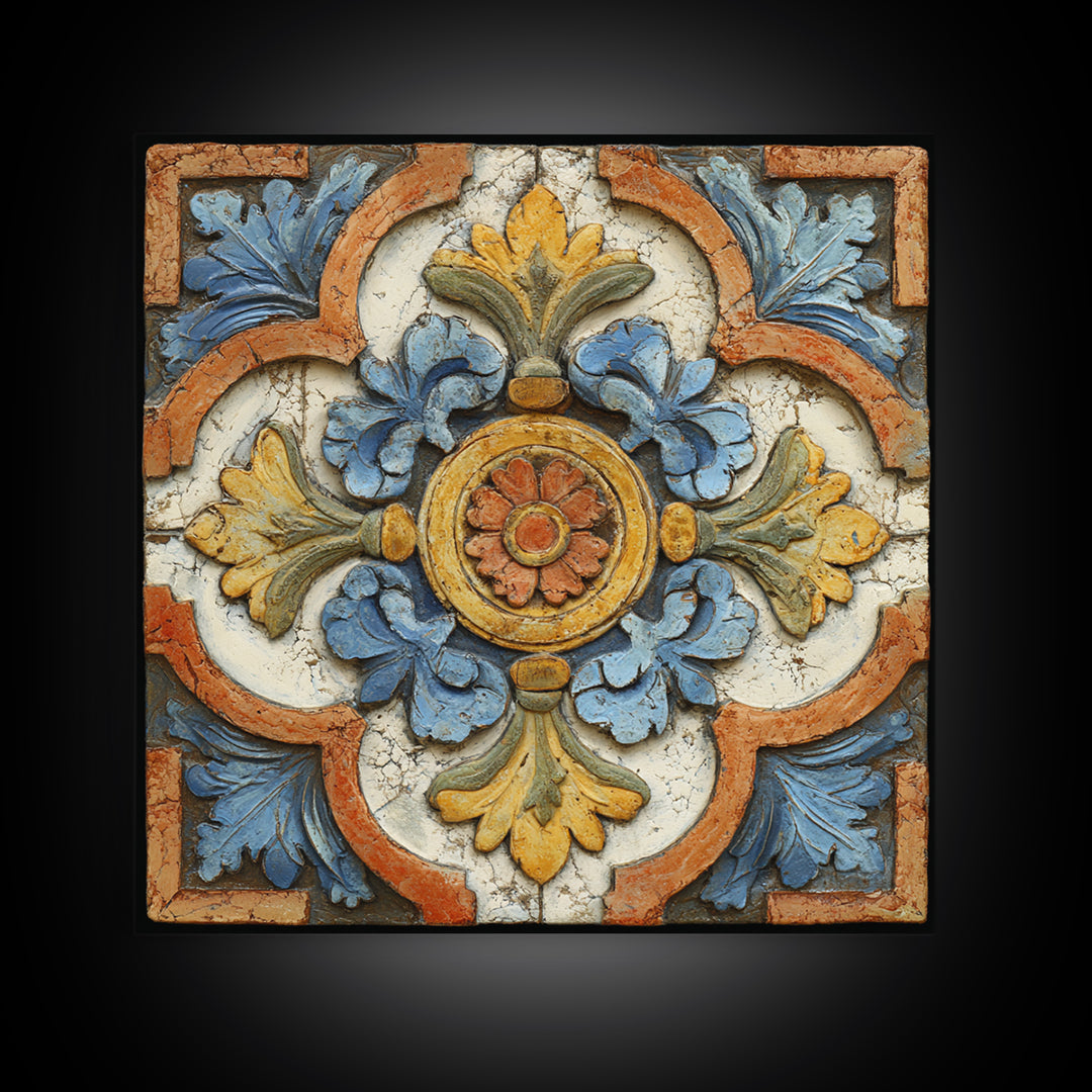 Spanish Tile Ornament Framed Canvas Print, Mediterranean Art, Luxury Decor, Living Room Decor, Fine Art, Azure, Framed Wall Art, MAR-1x1-40