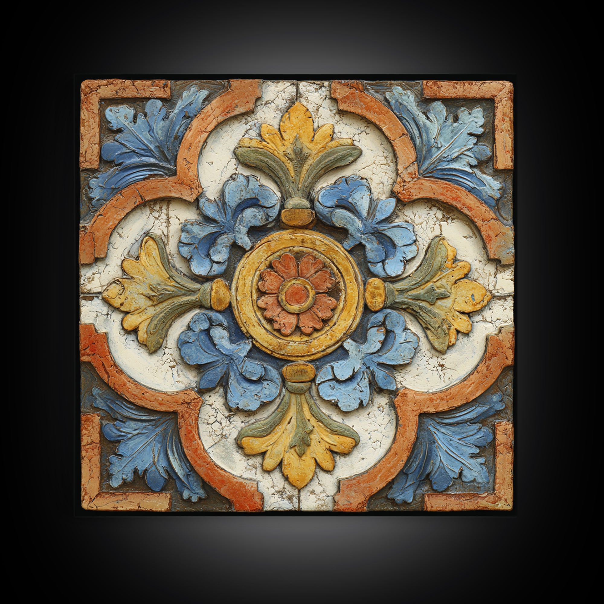 Spanish Tile Ornament Framed Canvas Print, Mediterranean Art, Luxury Decor, Living Room Decor, Fine Art, Azure, Framed Wall Art, MAR-1x1-40