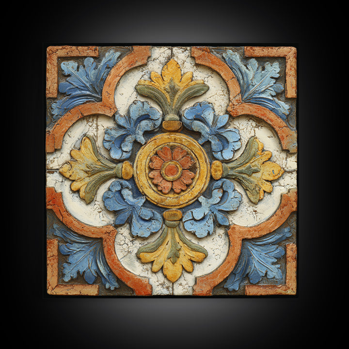 Spanish Tile Ornament Framed Canvas Print, Mediterranean Art, Luxury Decor, Living Room Decor, Fine Art, Azure, Framed Wall Art, MAR-1x1-40