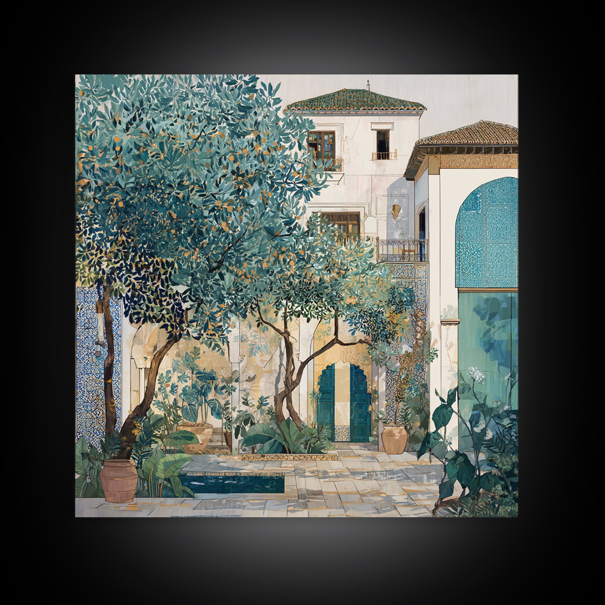 Olive Grove under Pale Morning Light Framed Canvas Print, Mediterranean Art, Landscape Wall Art, Living Room Decor, Azure, MAR-1x1-41