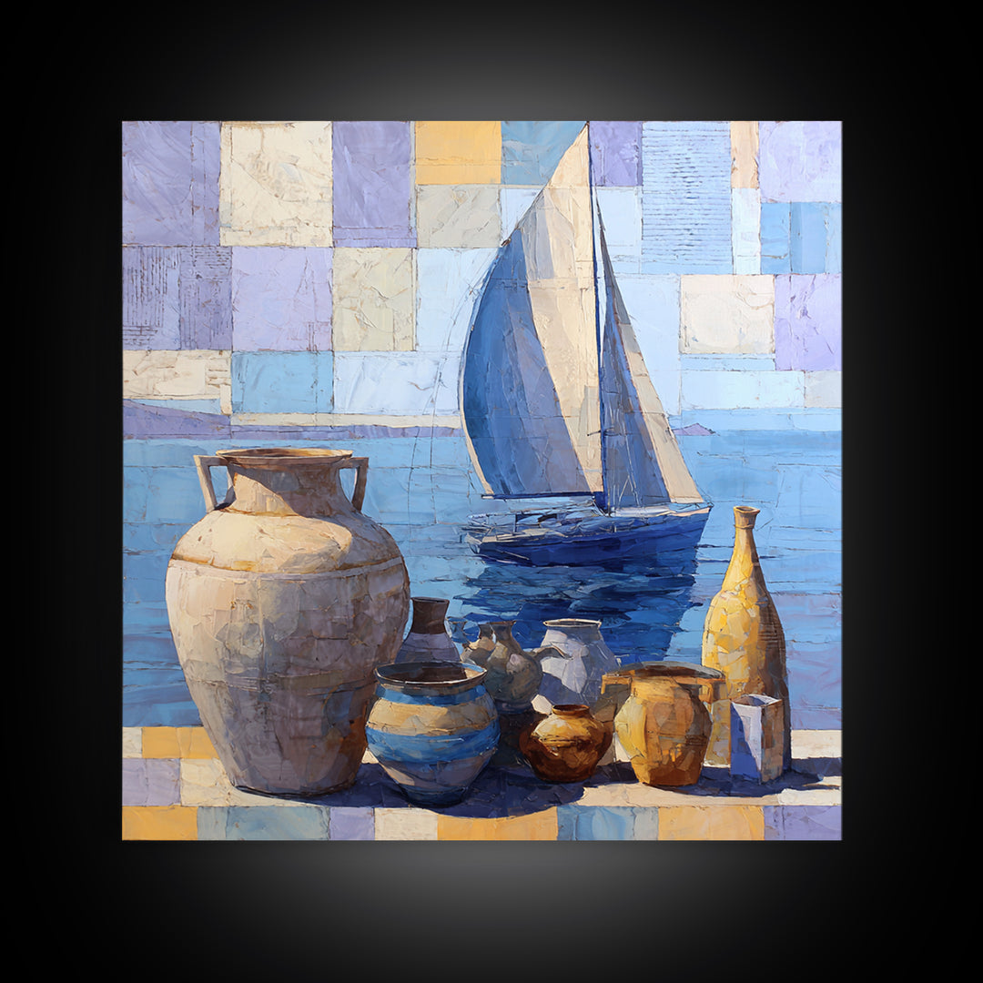 Mediterranean Sailboat on Glassy Water Framed Canvas Print, Mediterranean Art, Watercolor Art, Living Room Decor, Abstract Art, MAR-1x1-42