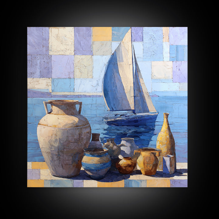 Mediterranean Sailboat on Glassy Water Framed Canvas Print, Mediterranean Art, Watercolor Art, Living Room Decor, Abstract Art, MAR-1x1-42