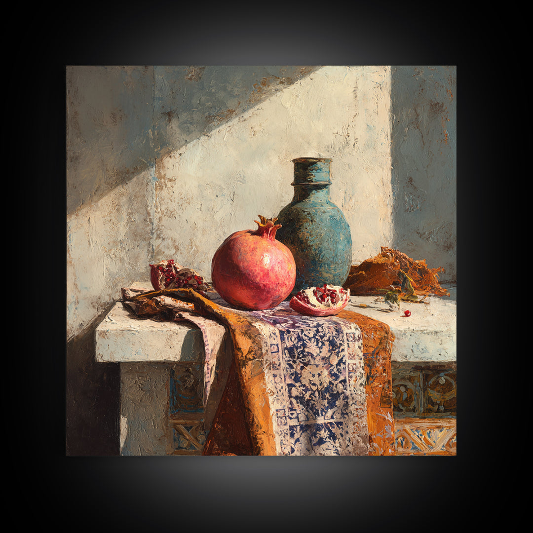 Pomegranate Still Life Framed Canvas Print, Mediterranean Art, Digital Art Prints, Living Room Decor, Oil Painting, Azure, MAR-1x1-43