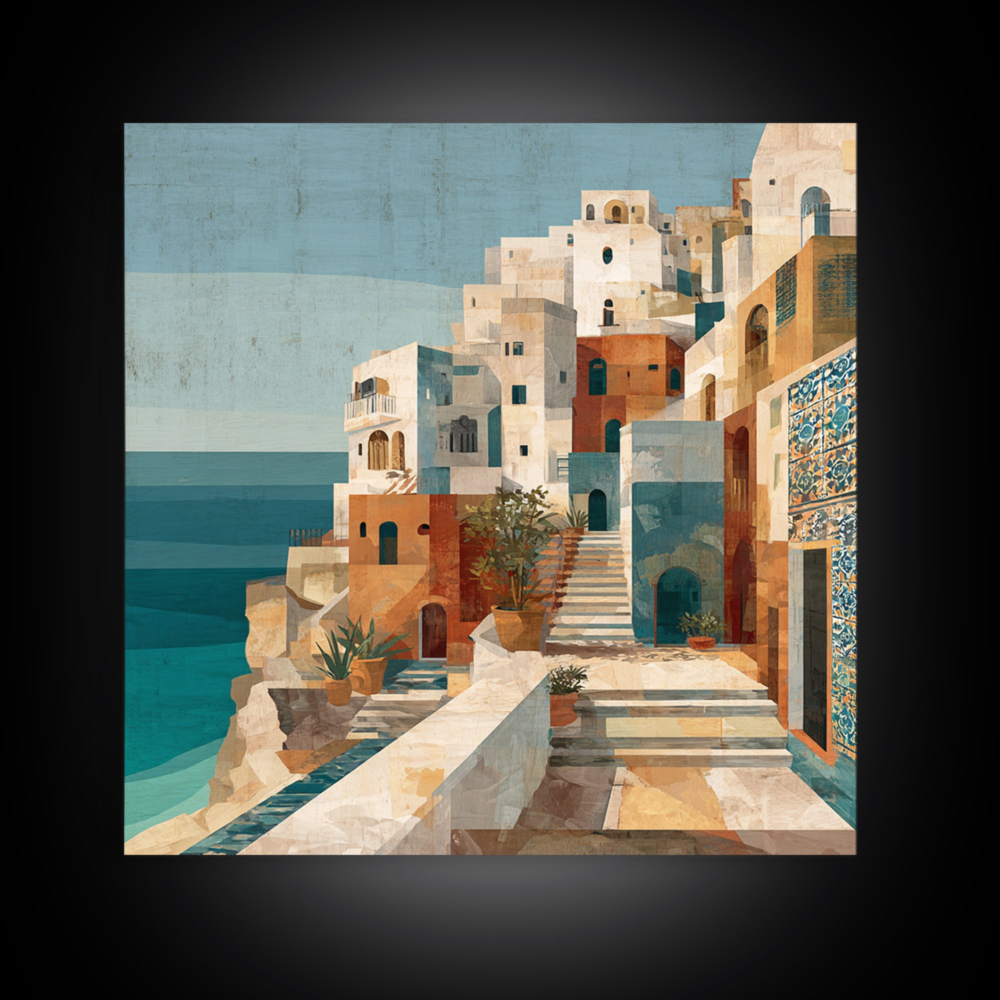 Coastal Cliffs with Sparkling Blue Water Framed Canvas Print, Mediterranean Art, Horizontal Wall Art, Living Room Decor, Azure, MAR-1x1-44