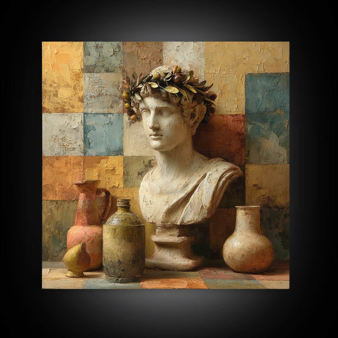 Roman Statue Bust Framed Canvas Print, Mediterranean Art, Coastal Decor, Living Room Decor, Fine Art, Azure, Wall Decor, MAR-1x1-46