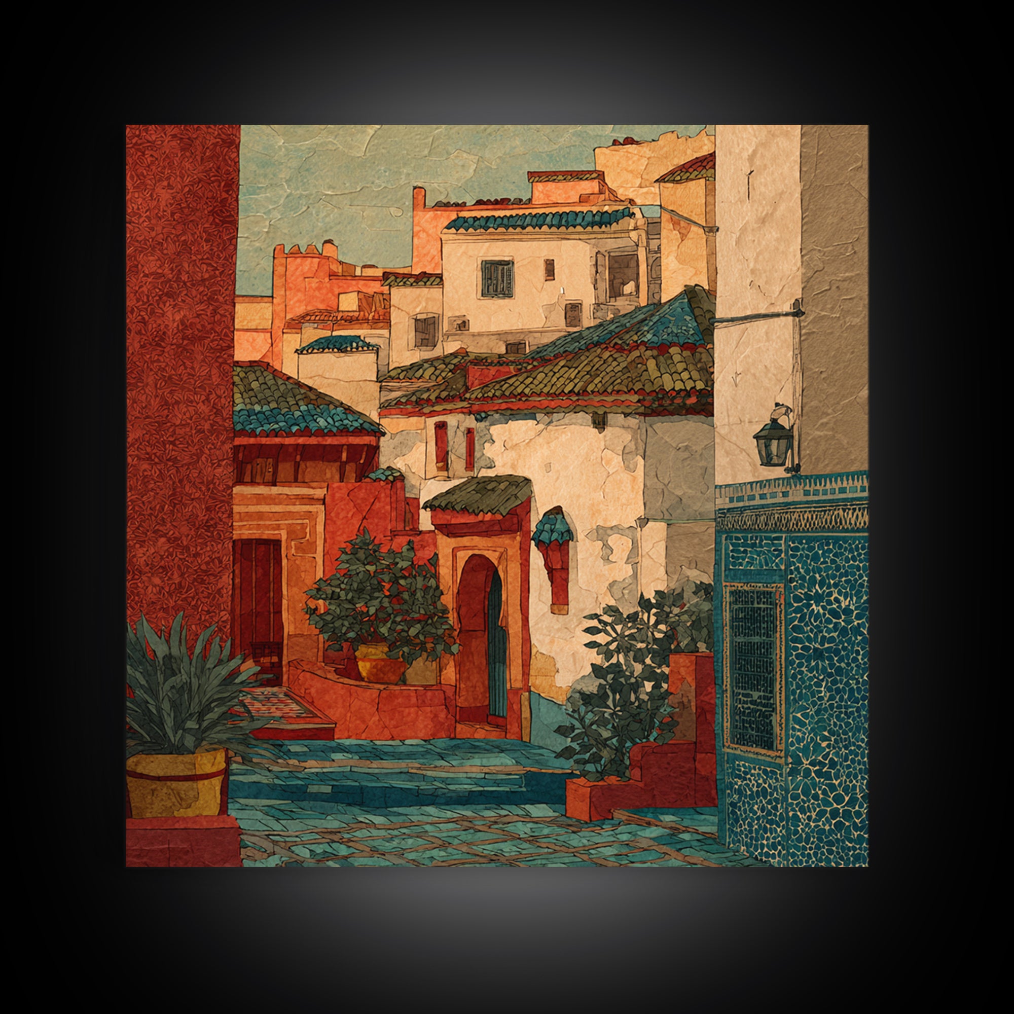 Sunset over Red Tiled Rooftops Framed Canvas Print, Mediterranean Art, Watercolor Painting, Living Room Decor, Fine Art, Azure, MAR-1x1-47