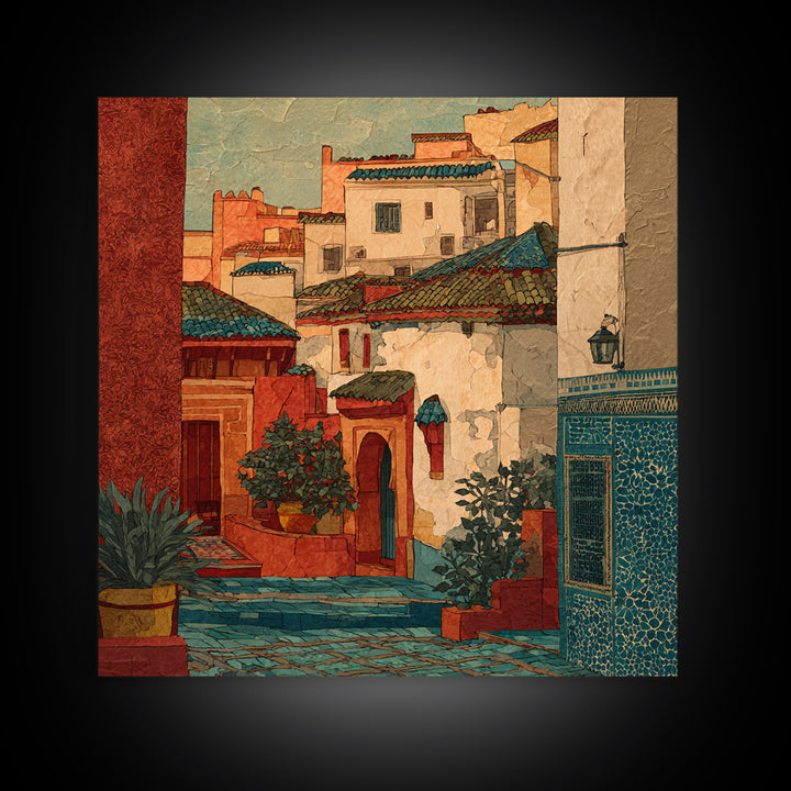 Sunset over Red Tiled Rooftops Framed Canvas Print, Mediterranean Art, Watercolor Painting, Living Room Decor, Fine Art, Azure, MAR-1x1-47
