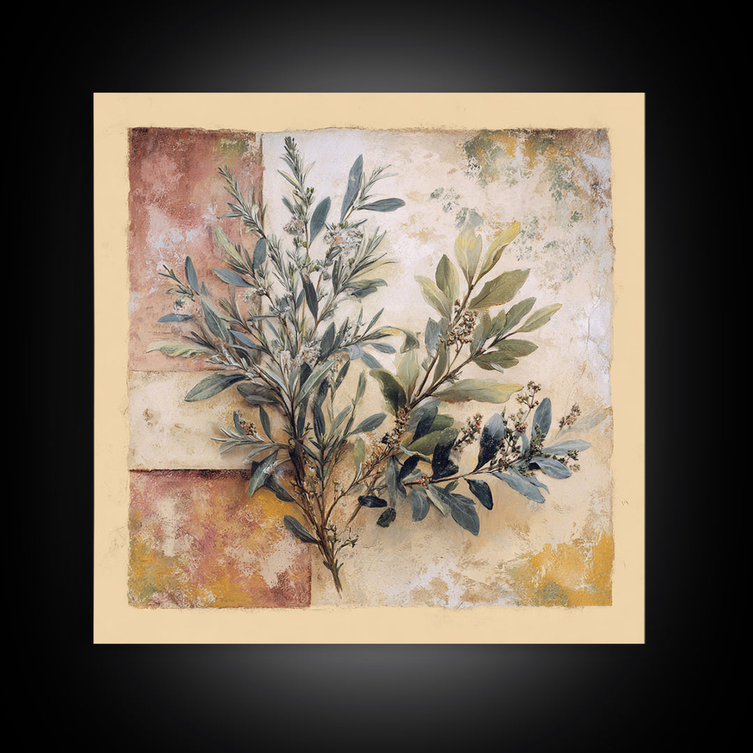 Wild Herbs Rosemary and Thyme Botanical Study Canvas Print, Mediterranean Art, Printable Wall Art, Living Room Decor, Azure, MAR-1x1-48