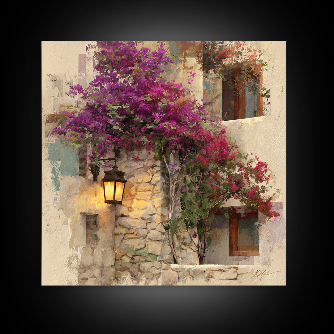 Bougainvillea Cascading over Stone Wall Canvas Print, Mediterranean Art, Landscape Painting, Living Room Decor, Fine Art, Azure, MAR-1x1-5