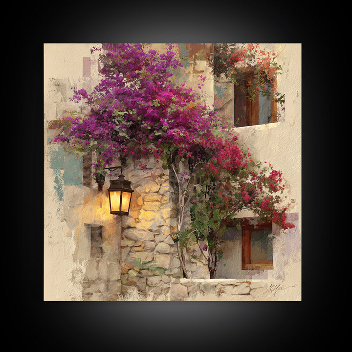 Bougainvillea Cascading over Stone Wall Canvas Print, Mediterranean Art, Landscape Painting, Living Room Decor, Fine Art, Azure, MAR-1x1-5
