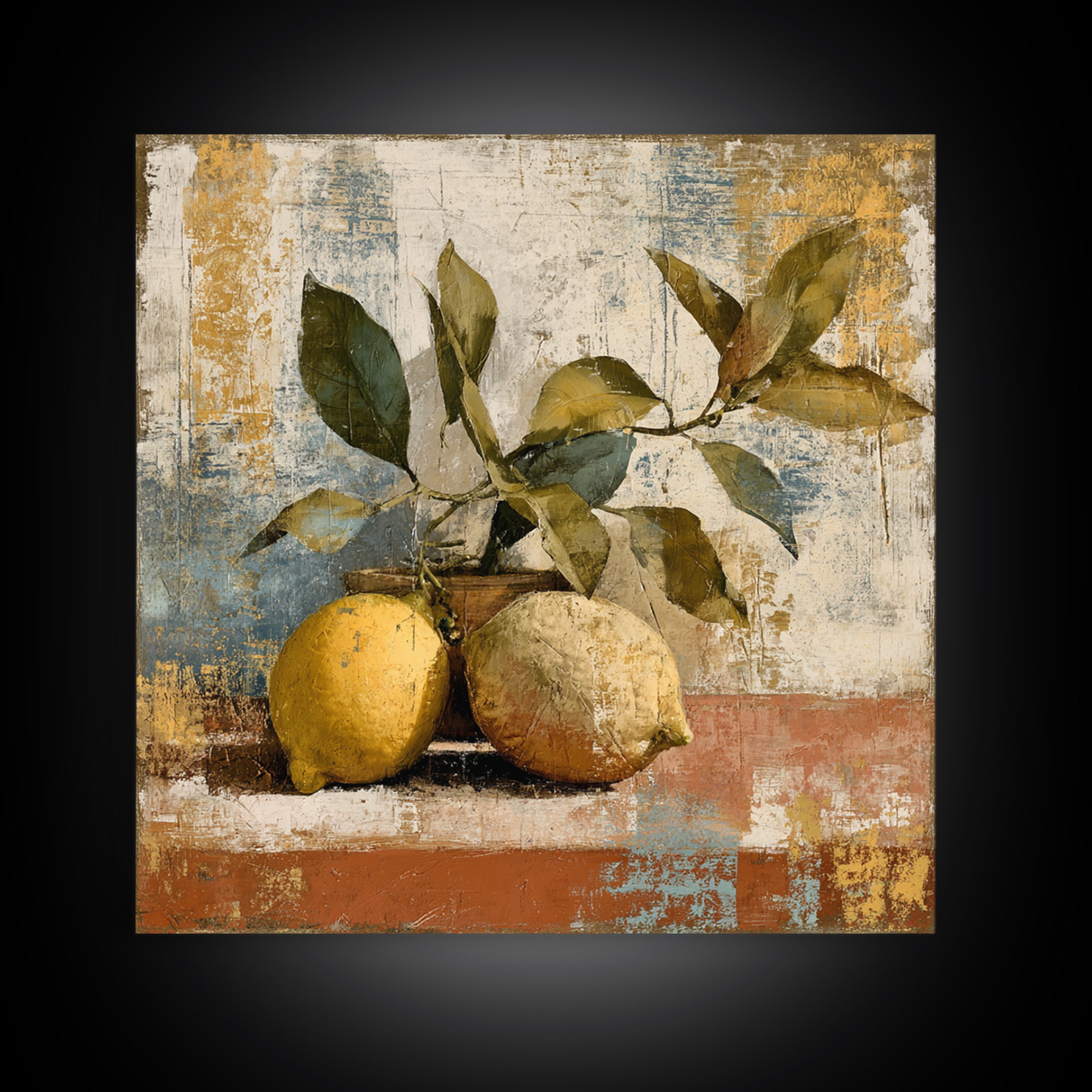 Olive Branch and Lemons on Terracotta Ground Canvas Print, Mediterranean Art, Minimalist Wall Art, Living Room Decor, Azure, MAR-1x1-50