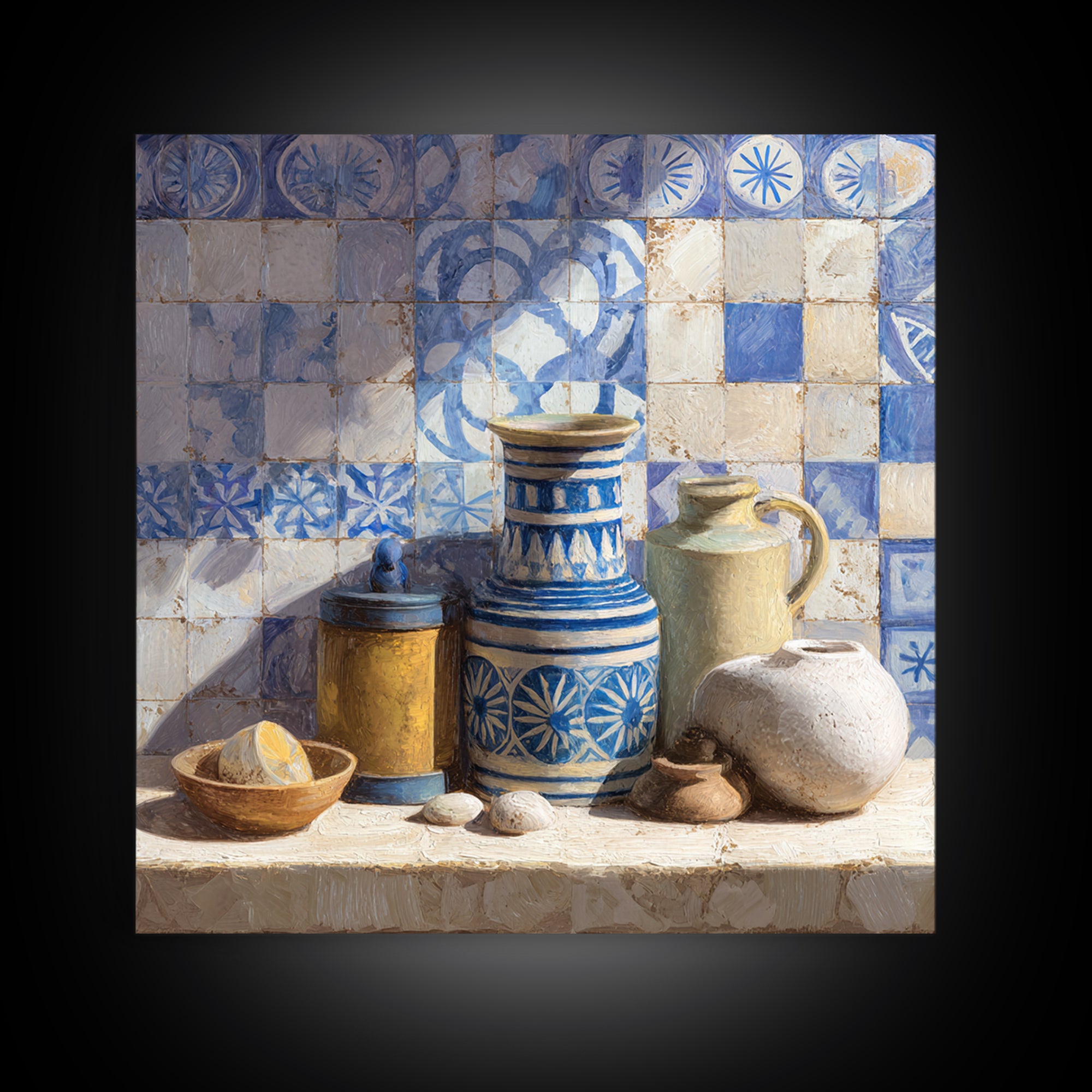 Blue and White Tile Pattern Framed Canvas Print, Mediterranean Art, Watercolor Art, Living Room Decor, Fine Art, Azure, MAR-1x1-52