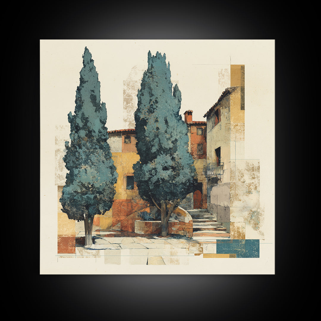 Tuscan Cypress Trees and Golden Hillside Canvas Print, Mediterranean Art, Beach Wall Art, Living Room Decor, Oil Painting, MAR-1x1-54