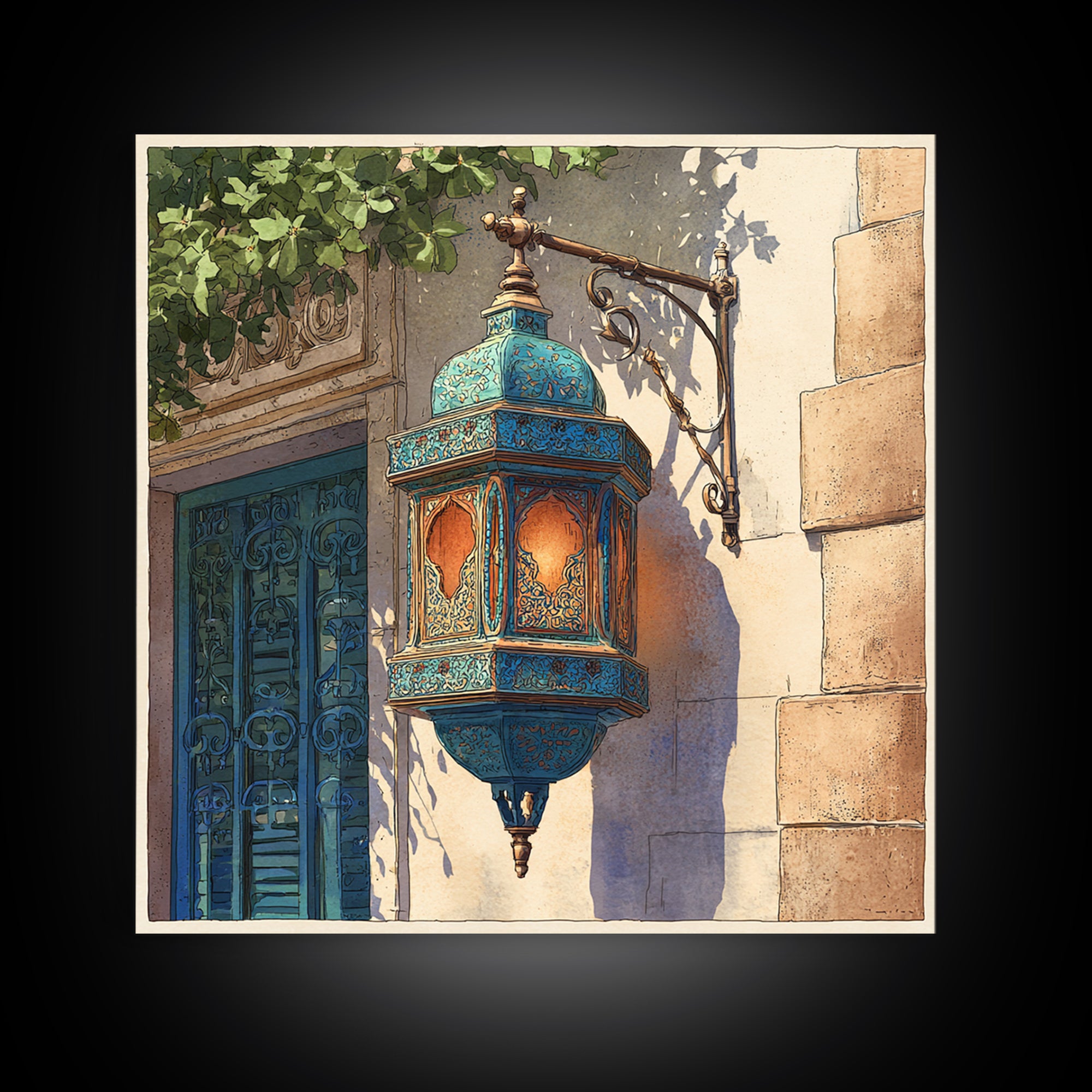 Moroccan Influenced Lantern Framed Canvas Print, Mediterranean Art, Living Room Art, Living Room Decor, Abstract Art, Azure, MAR-1x1-57