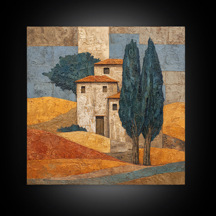 Tuscan Cypress Trees and Golden Hillside Canvas Print, Mediterranean Art, Nautical Decor, Living Room Decor, Azure, MAR-1x1-6