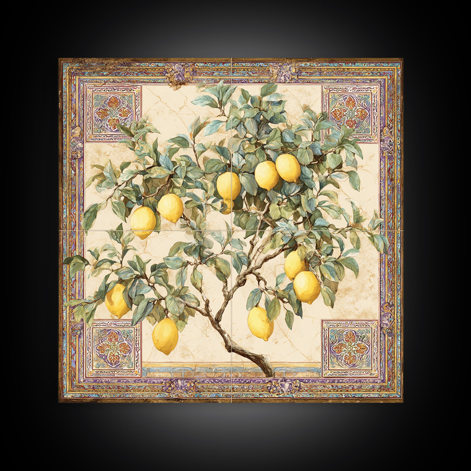 Sicilian Lemon Branch on Ivory Background Framed Canvas Print, Mediterranean Art, Gallery Wall Art, Living Room Decor, Azure, MAR-1x1-61