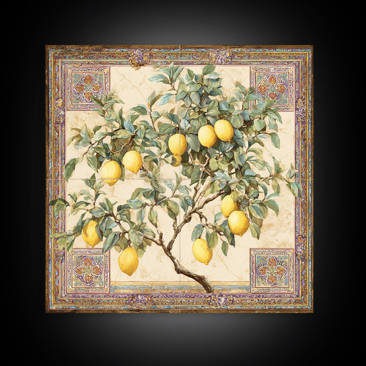 Sicilian Lemon Branch on Ivory Background Framed Canvas Print, Mediterranean Art, Gallery Wall Art, Living Room Decor, Azure, MAR-1x1-61