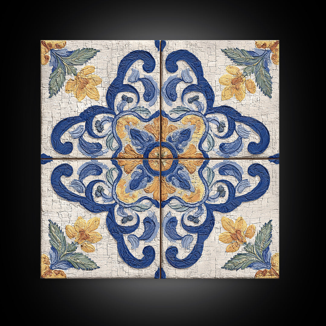 Spanish Tile Ornament Framed Canvas Print, Mediterranean Art, Coastal Wall Art, Living Room Decor, Azure, Living Room Art, MAR-1x1-64