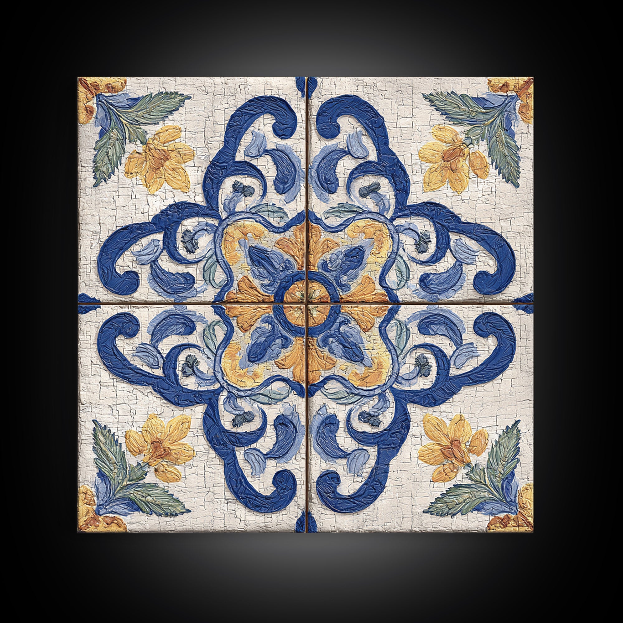 Spanish Tile Ornament Framed Canvas Print, Mediterranean Art, Coastal Wall Art, Living Room Decor, Azure, Living Room Art, MAR-1x1-64