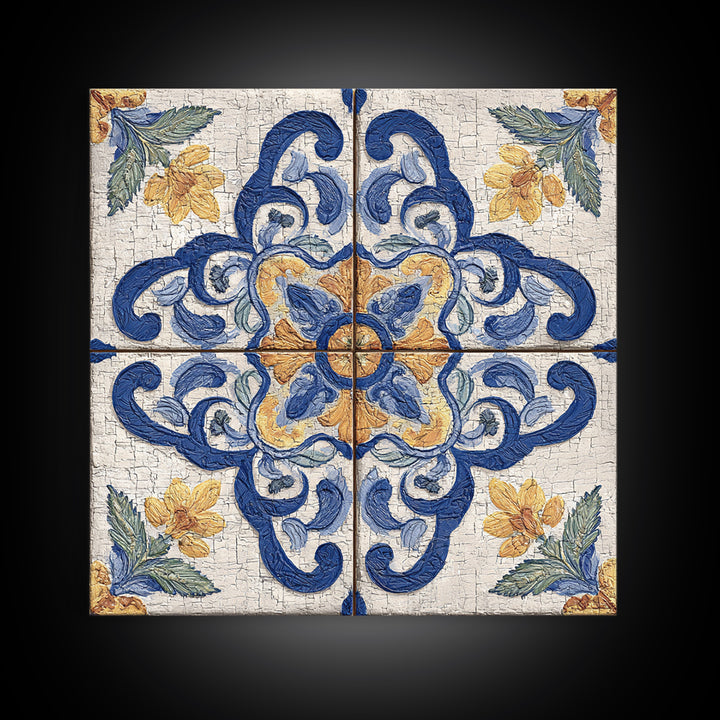 Spanish Tile Ornament Framed Canvas Print, Mediterranean Art, Coastal Wall Art, Living Room Decor, Azure, Living Room Art, MAR-1x1-64