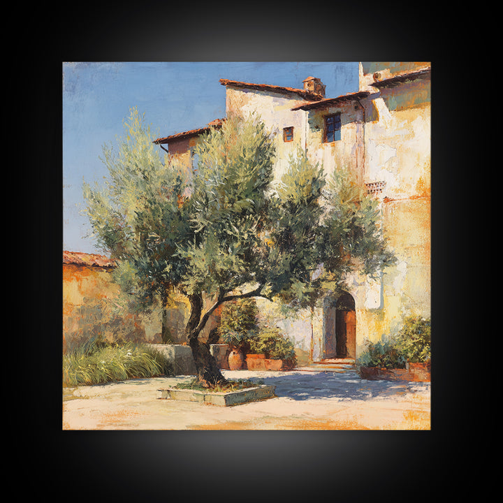 Olive Grove under Pale Morning Light Framed Canvas Print, Mediterranean Art, Landscape Wall Art, Living Room Decor, Azure, MAR-1x1-65