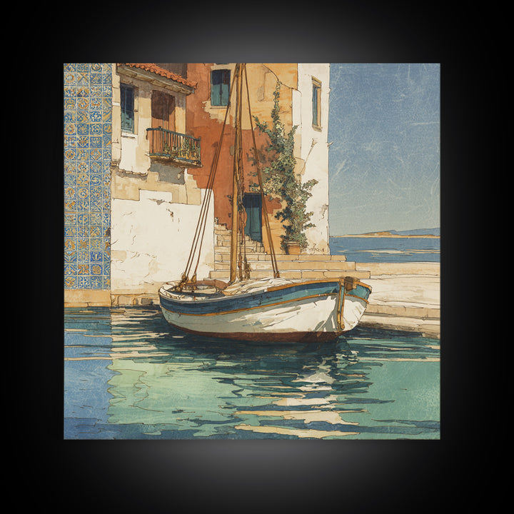Mediterranean Sailboat on Glassy Water Framed Canvas Print, Mediterranean Art, Watercolor Art, Living Room Decor, Abstract Art, MAR-1x1-66
