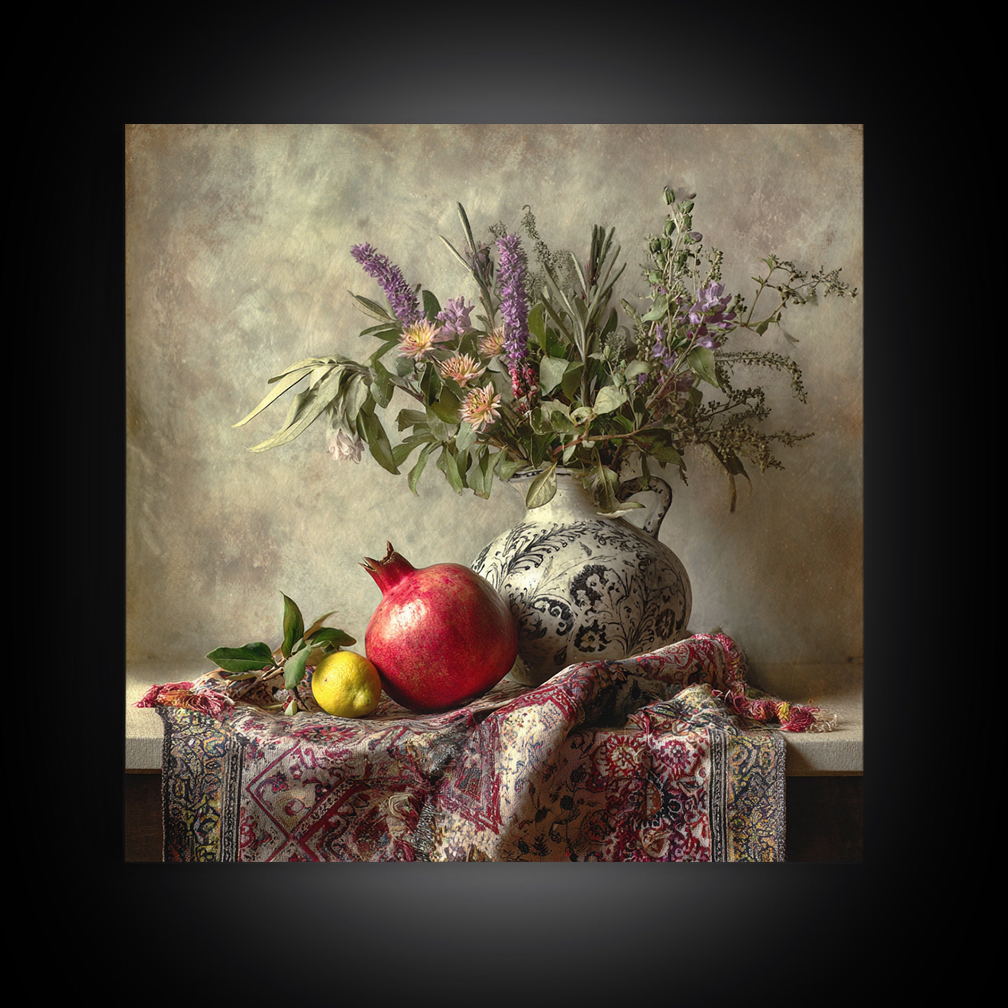 Pomegranate Still Life Framed Canvas Print, Mediterranean Art, Living Room Art, Living Room Decor, Fine Art, Azure, MAR-1x1-67