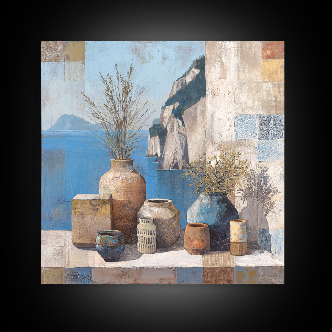 Coastal Cliffs with Sparkling Blue Water Framed Canvas Print, Mediterranean Art, Landscape Painting, Living Room Decor, Azure, MAR-1x1-68