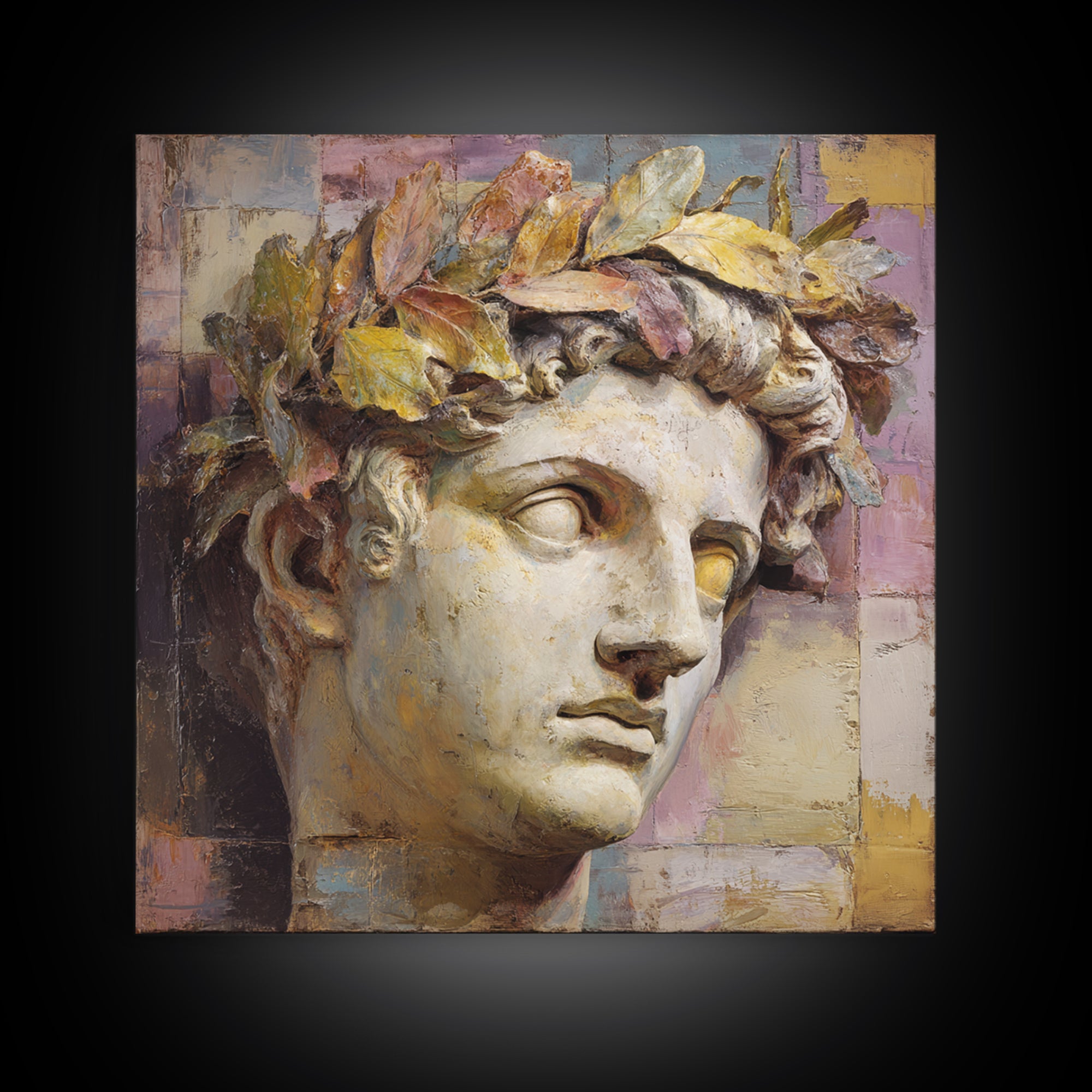 Roman Statue Bust Framed Canvas Print, Mediterranean Art, Coastal Decor, Living Room Decor, Fine Art, Azure, Wall Decor, MAR-1x1-70