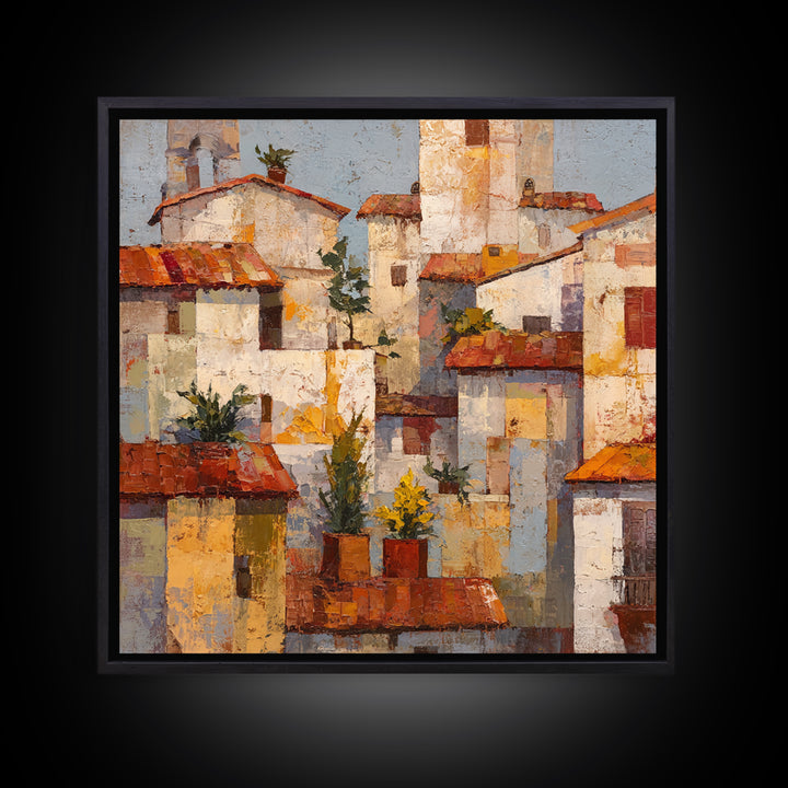 Sunset over Red Tiled Rooftops Framed Canvas Print, Mediterranean Art, Gallery Wall Art, Living Room Decor, Fine Art, Azure, MAR-1x1-71