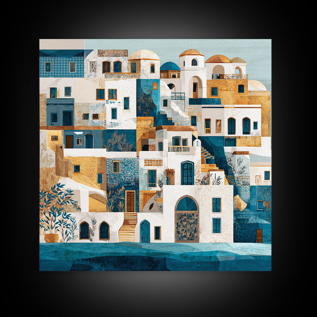 Greek Island White Buildings Above Blue Sea Canvas Print, Mediterranean Art, Neutral Decor, Living Room Decor, Azure, MAR-1x1-73