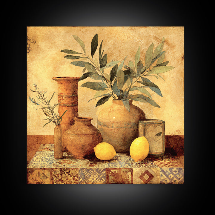 Olive Branch and Lemons on Terracotta Ground Canvas Print, Mediterranean Art, Downloadable Art, Living Room Decor, Azure, MAR-1x1-74