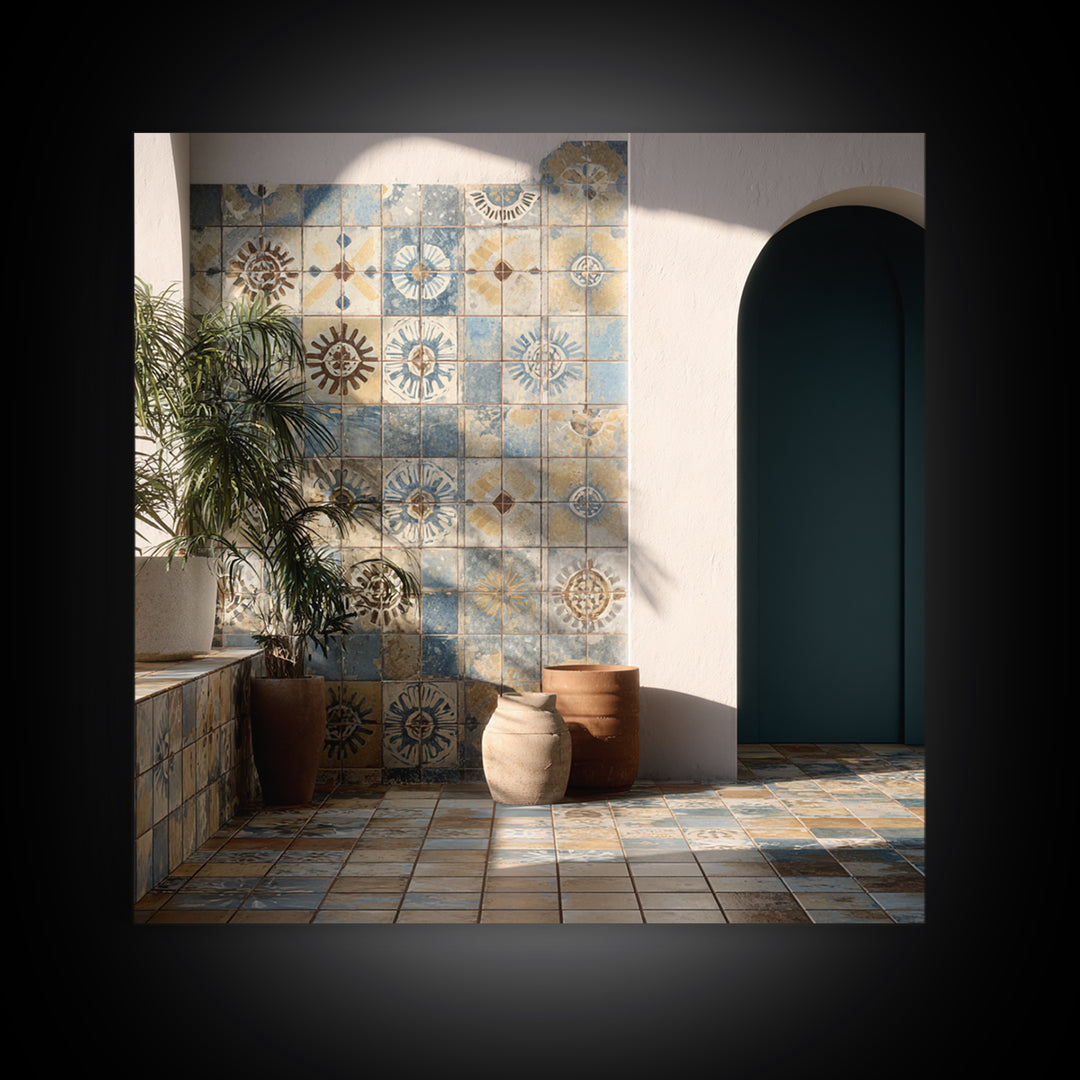 Blue and White Tile Pattern Canvas Print, Mediterranean Art, Gallery Wall Art, Living Room Decor, Fine Art, Azure, Boho Decor, MAR-1x1-76