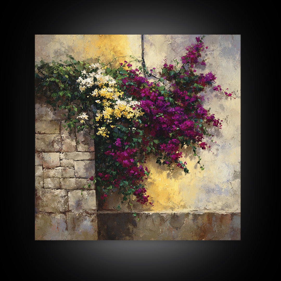 Bougainvillea Cascading over Stone Wall Canvas Print, Mediterranean Art, Modern Decor, Living Room Decor, Fine Art, Azure, MAR-1x1-77