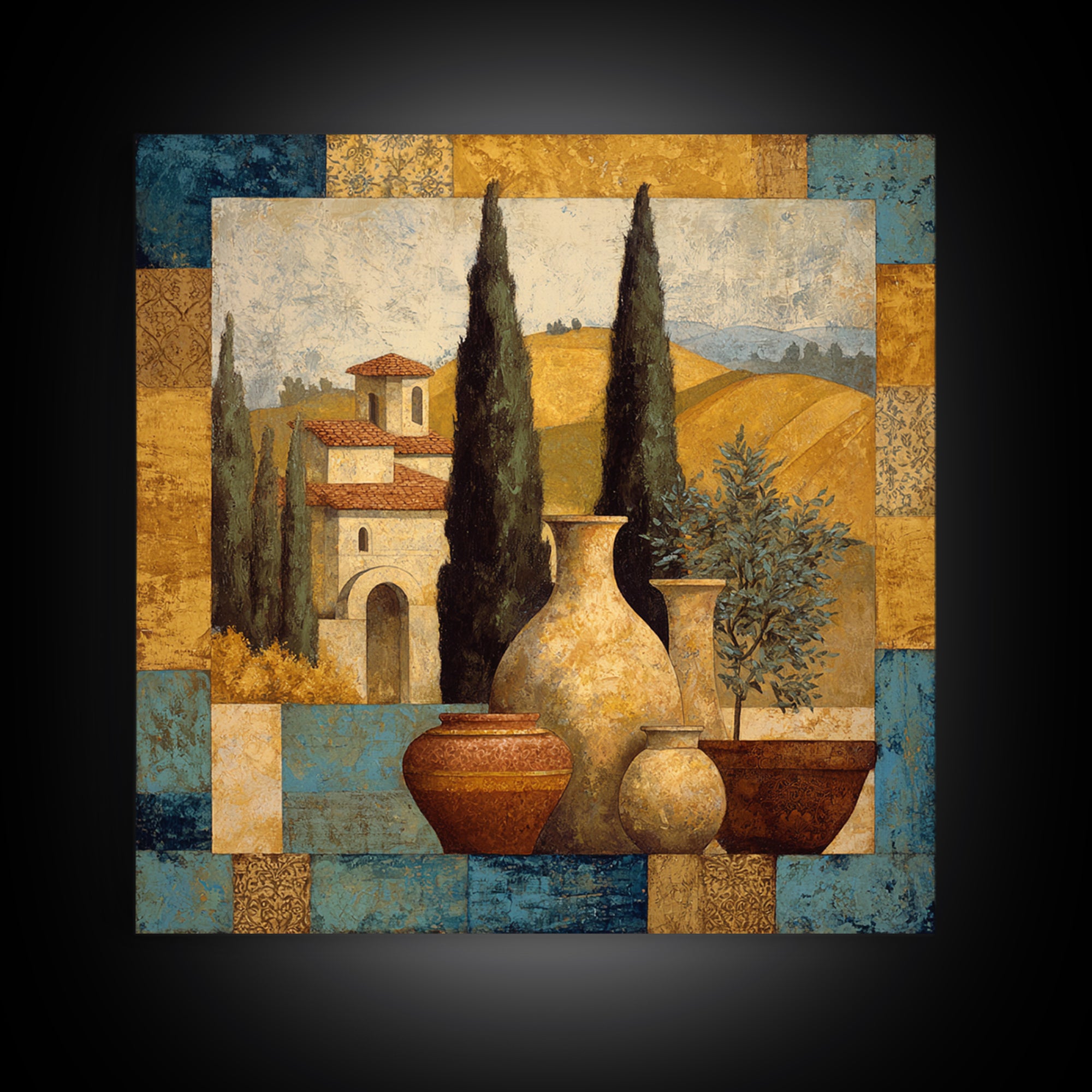 Tuscan Cypress Trees and Golden Hillside Framed Canvas Print, Mediterranean Art, Beach Prints, Living Room Decor, Azure, MAR-1x1-78
