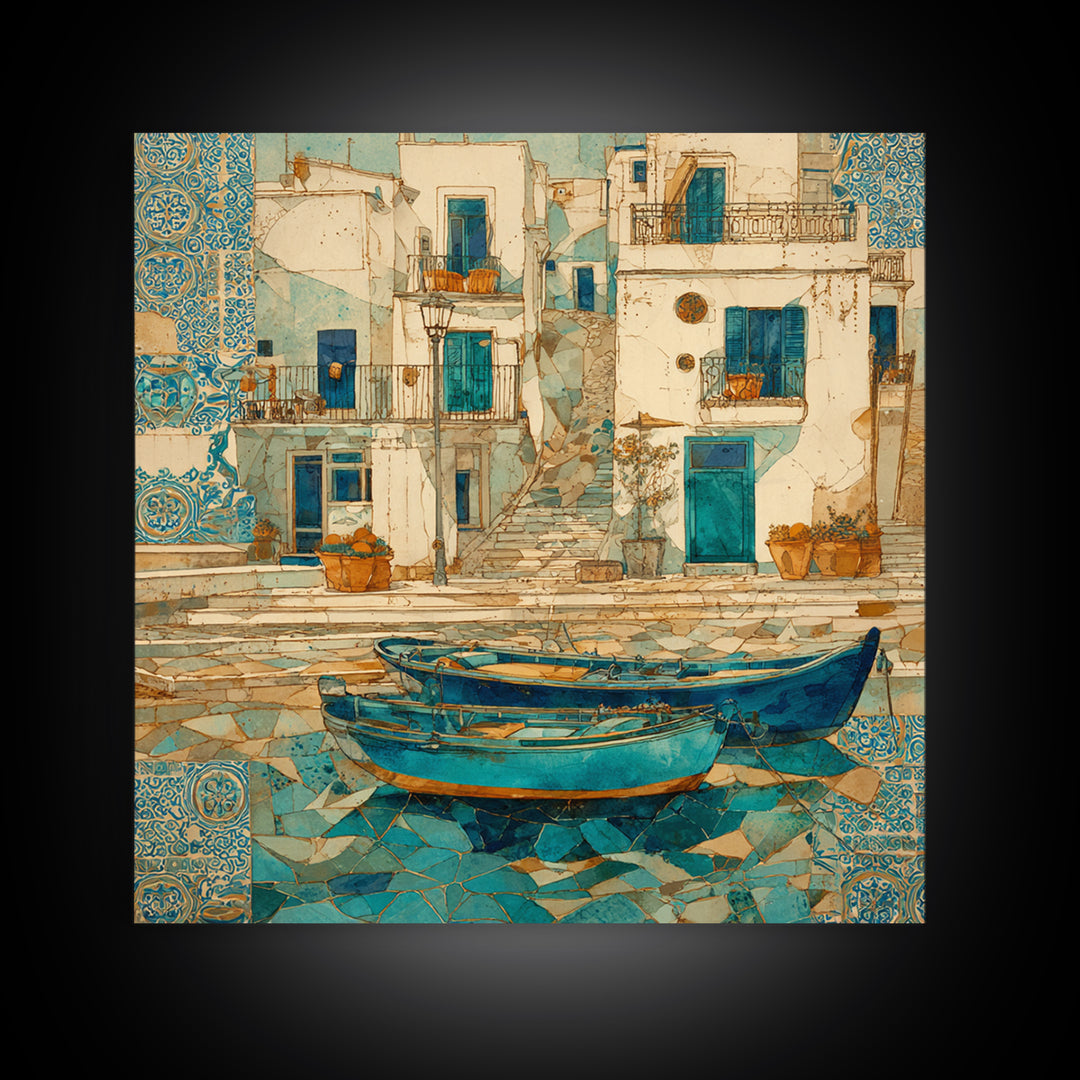 Coastal Fishing Boats Framed Canvas Print, Mediterranean Art, Wall Decor, Living Room Decor, Oil Painting, Azure, MAR-1x1-79