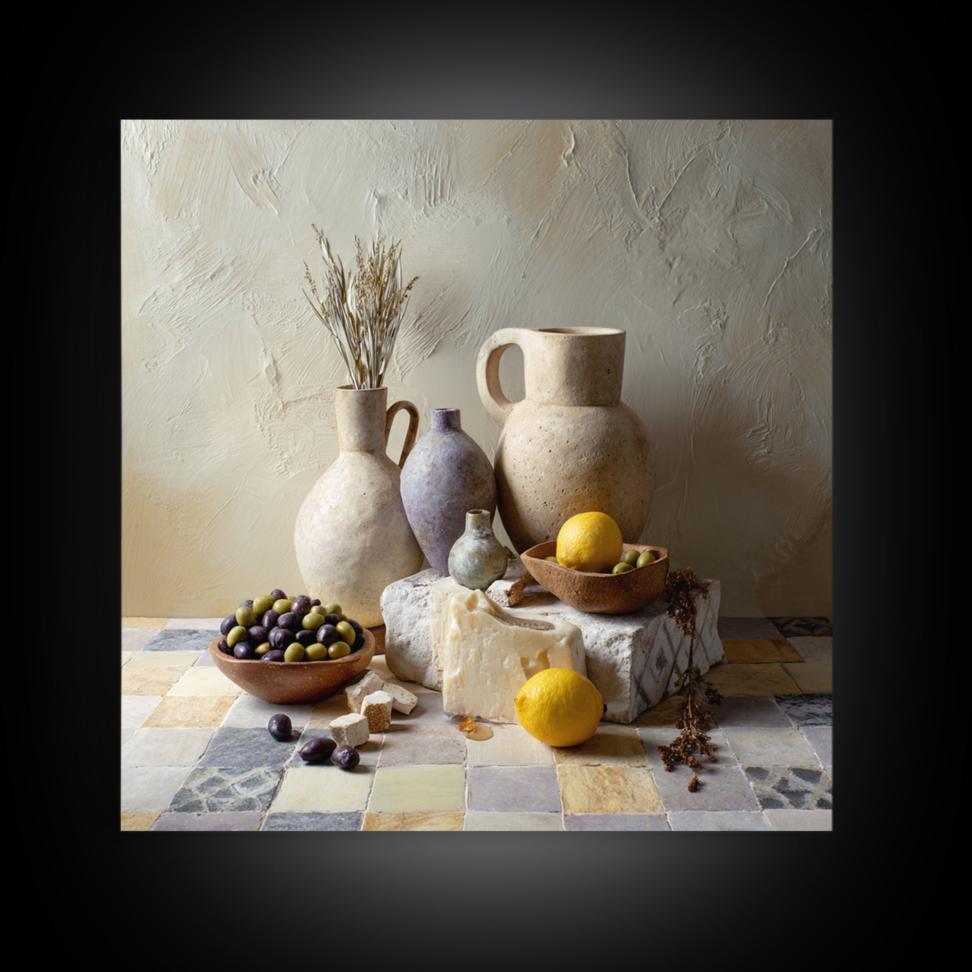Figs Olives and Cheese Still Life Framed Canvas Print, Mediterranean Art, Printable Art, Living Room Decor, Fine Art, Azure, MAR-1x1-8