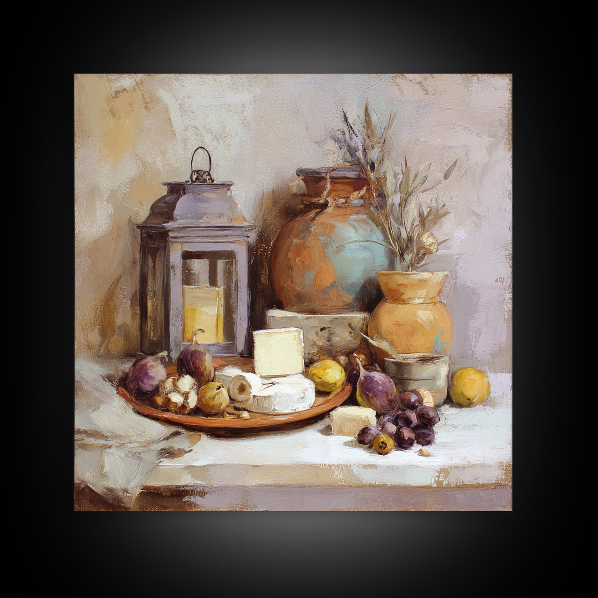 Figs Olives and Cheese Still Life Framed Canvas Print, Mediterranean Art, Wall Decor, Living Room Decor, Fine Art, Azure, MAR-1x1-80