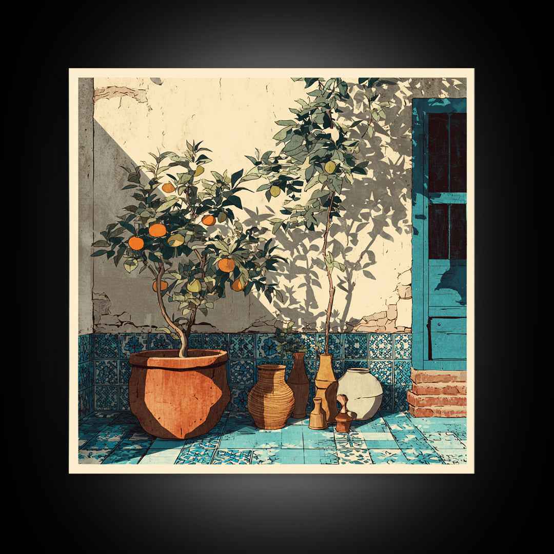Citrus Tree in Clay Pot Canvas Print, Mediterranean Art, Coastal Wall Decor, Living Room Decor, Oil Painting, Azure, MAR-1x1-82