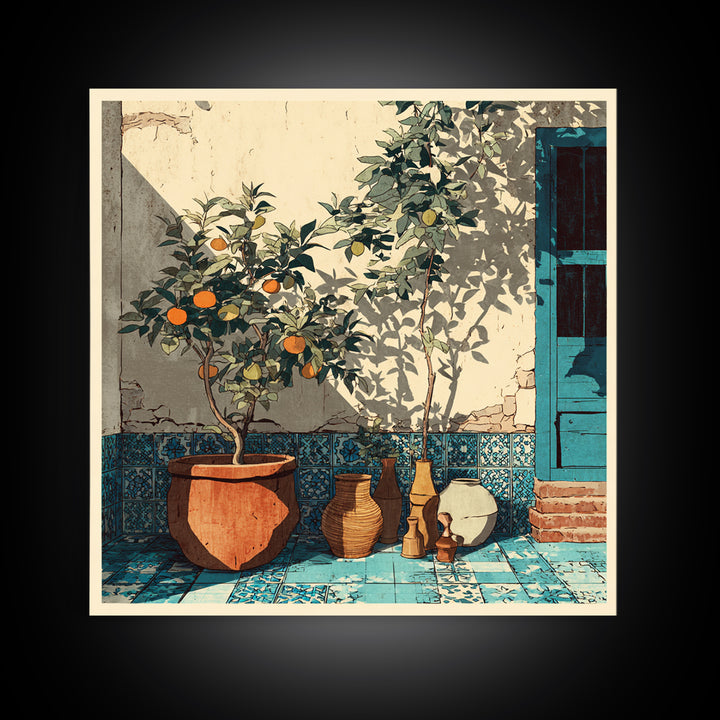 Citrus Tree in Clay Pot Canvas Print, Mediterranean Art, Coastal Wall Decor, Living Room Decor, Oil Painting, Azure, MAR-1x1-82