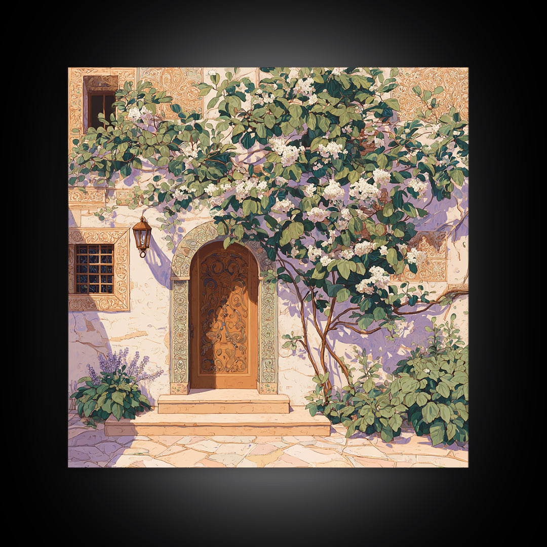 Sunlit Courtyard Doorway Framed Canvas Print, Mediterranean Art, Neutral Decor, Living Room Decor, Oil Painting, Azure, MAR-1x1-83