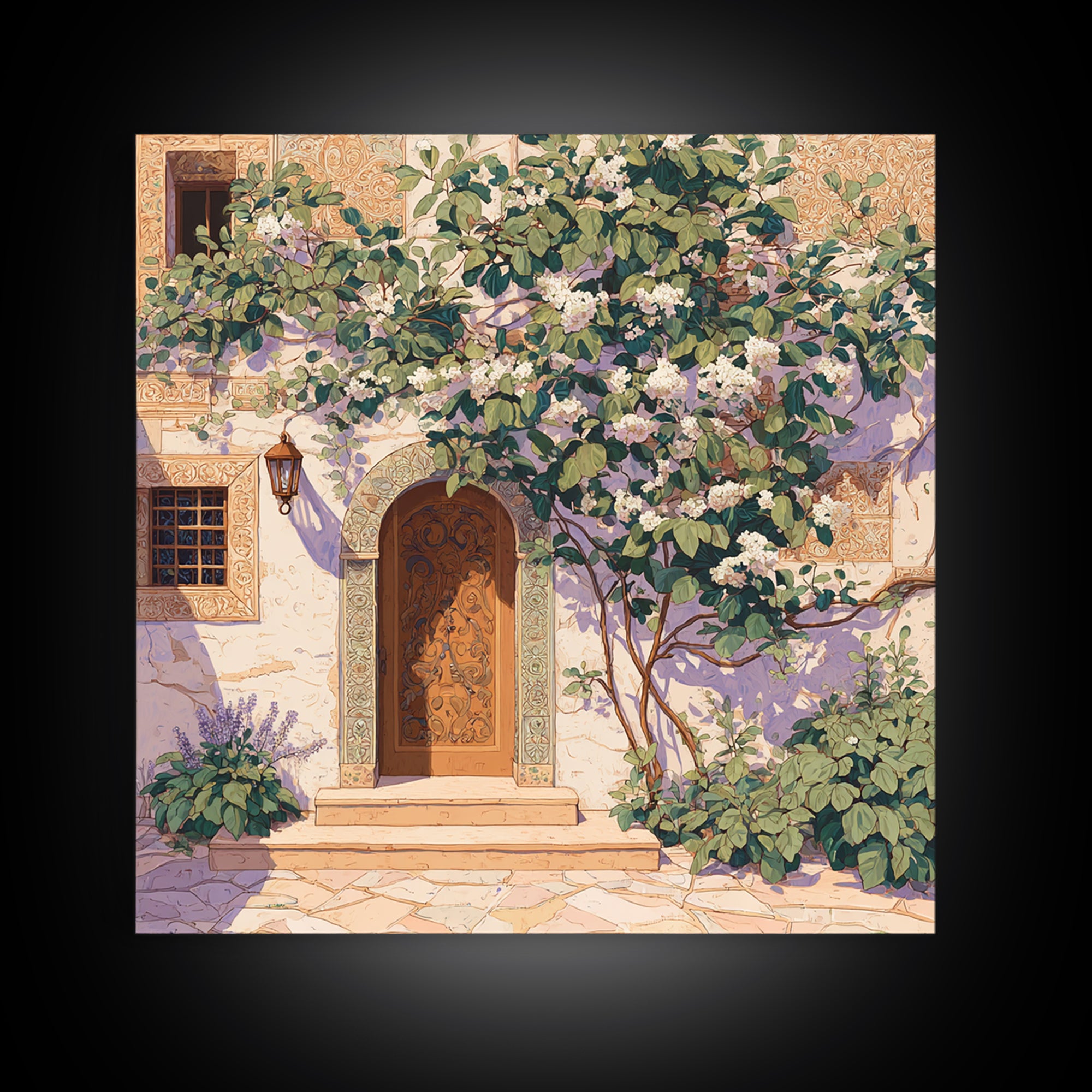 Sunlit Courtyard Doorway Framed Canvas Print, Mediterranean Art, Neutral Decor, Living Room Decor, Oil Painting, Azure, MAR-1x1-83