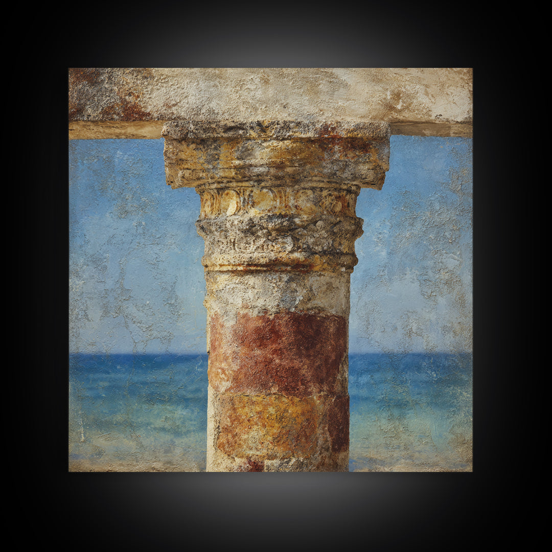 Ancient Column with Sea and Sky Beyond Framed Canvas Print, Mediterranean Art, Downloadable Art, Living Room Decor, MAR-1x1-84