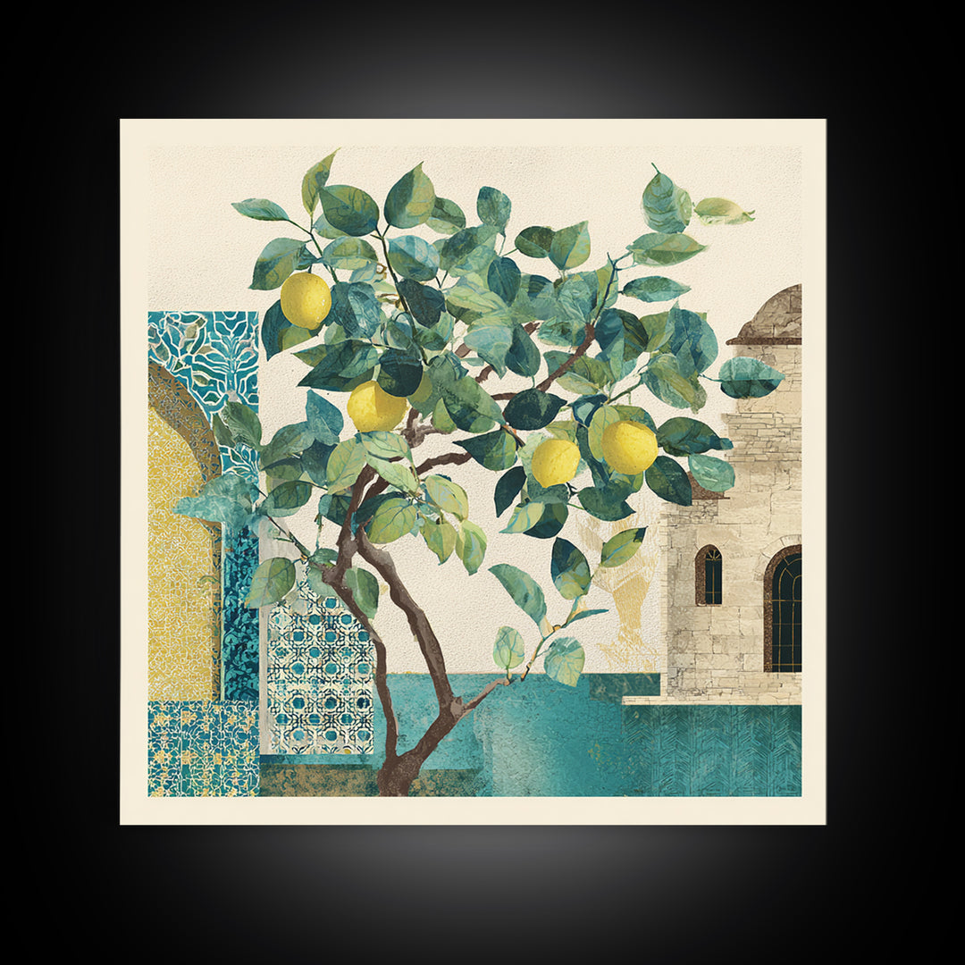 Sicilian Lemon Branch on Ivory Background Canvas Print, Mediterranean Art, Travel Poster, Living Room Decor, Oil Painting, MAR-1x1-85