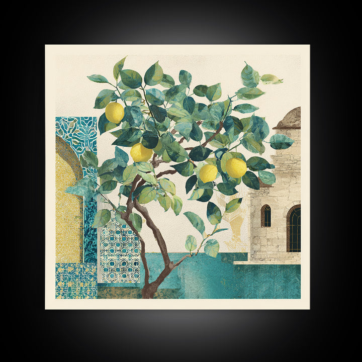 Sicilian Lemon Branch on Ivory Background Canvas Print, Mediterranean Art, Travel Poster, Living Room Decor, Oil Painting, MAR-1x1-85